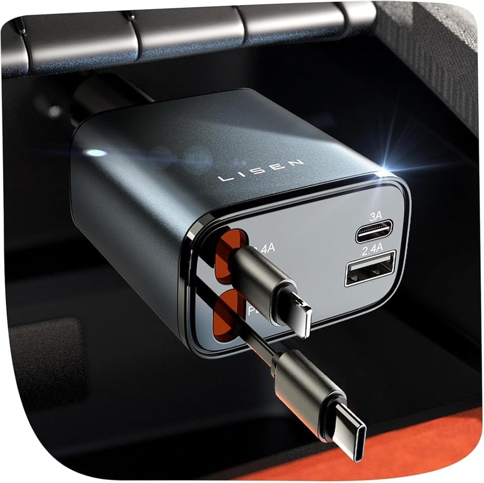 LISEN 84W 4-Port Retractable Car Charger with Built-In USB-C & Lightning Cables 44% Off – Just $11.28 with Code (Reg. $19.99)